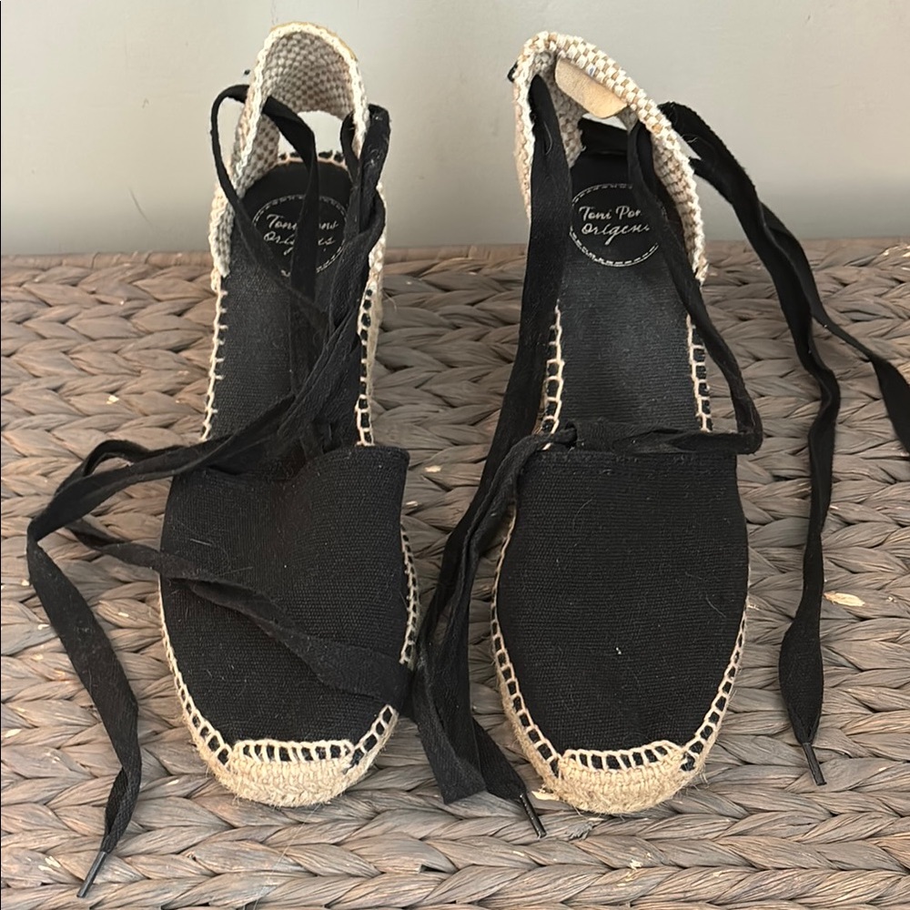 Black and Cream Espadrille Sandals with Lace-Up Detail